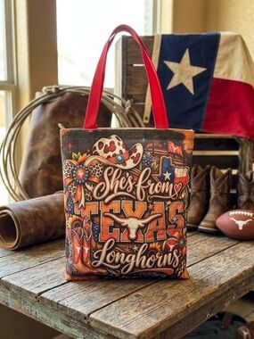 She's From Texas Longhorns Printed Tote Bag - Red Handles 12”x14” with zipper